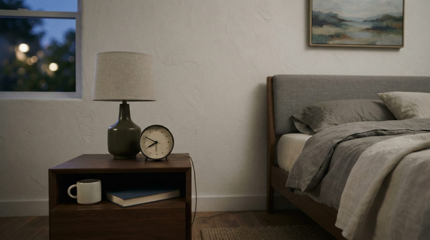 Sengebord med slukket lampe og ur der viser aften