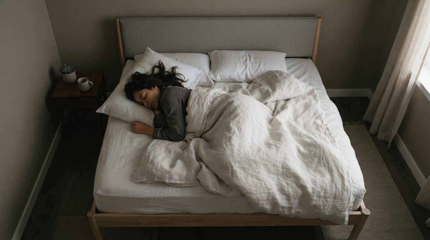 Person sover roligt i mørkt og stilfult soveværelse med hvidt sengetøj