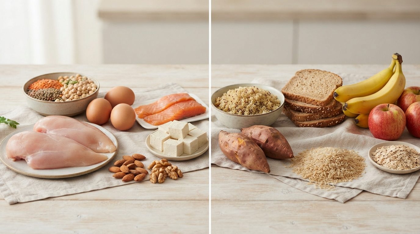 Proteinrige og kulhydratrige fødevarer ordnet på hver side af billedet