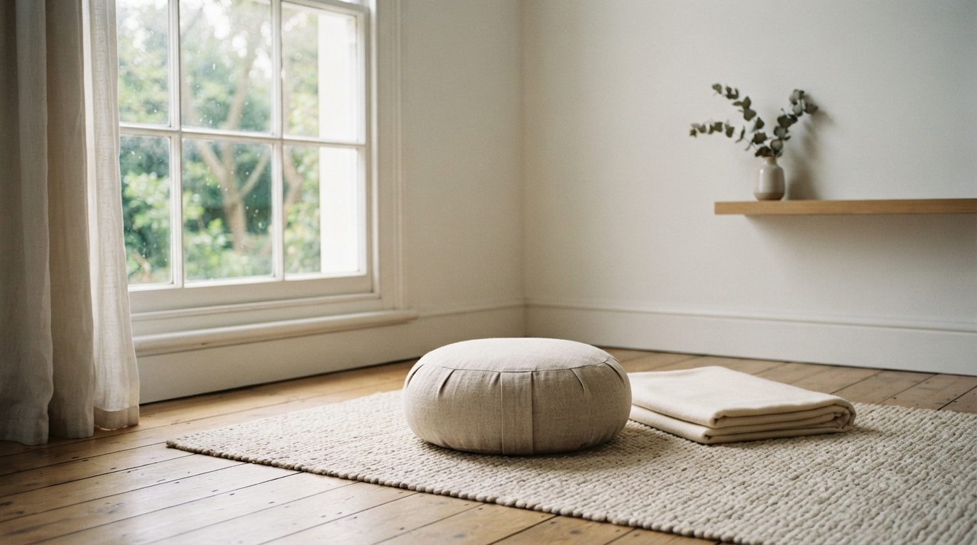 Meditationspude i enkelt rum med blødt morgenlys fra vindue