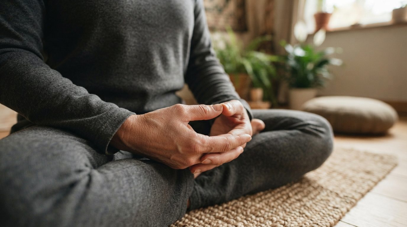 Hænder i afslappet stilling under meditation, detaljeret nærbillede