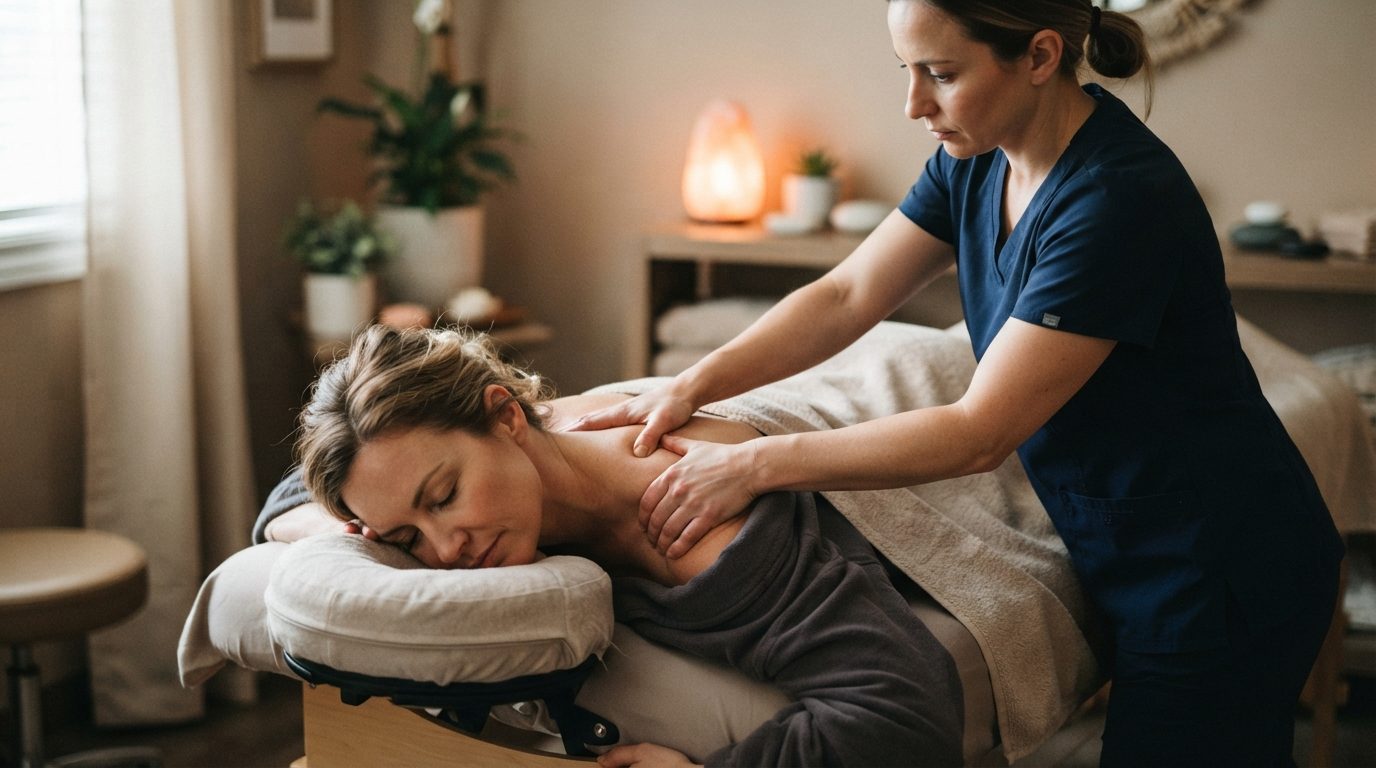 Person modtager massage på skulder og nakke for at lindre stivhed